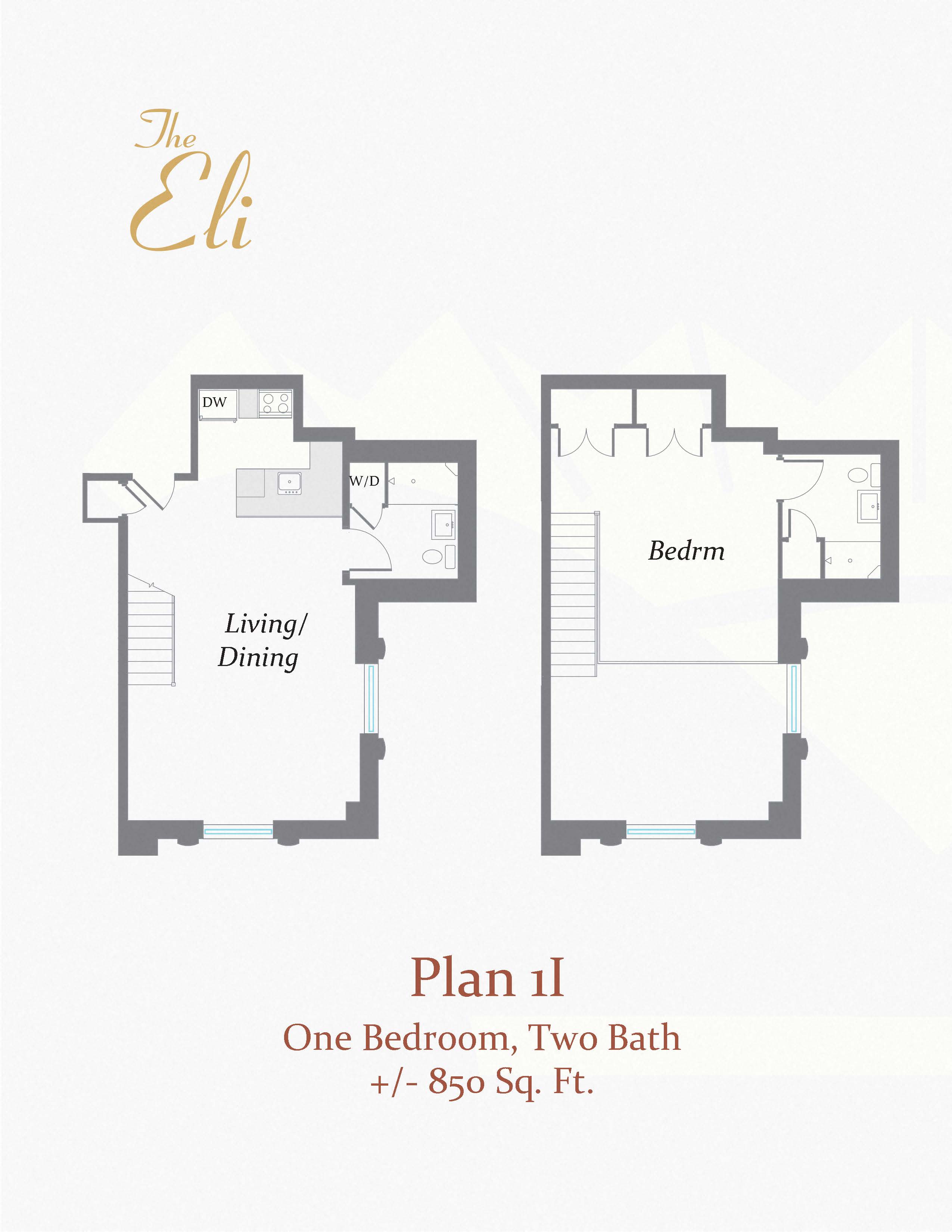 Floor plan for 1 bed, 2 baths, 850 sqft